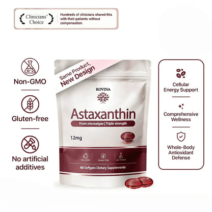 ROVINA Astaxanthin 12mg Softgels, Triple Strength Antioxidant Triple Strength Antioxidant from Microalgae; supports eye, skin, immune & joint health; Non-GMO, Gluten Free, 60 ct